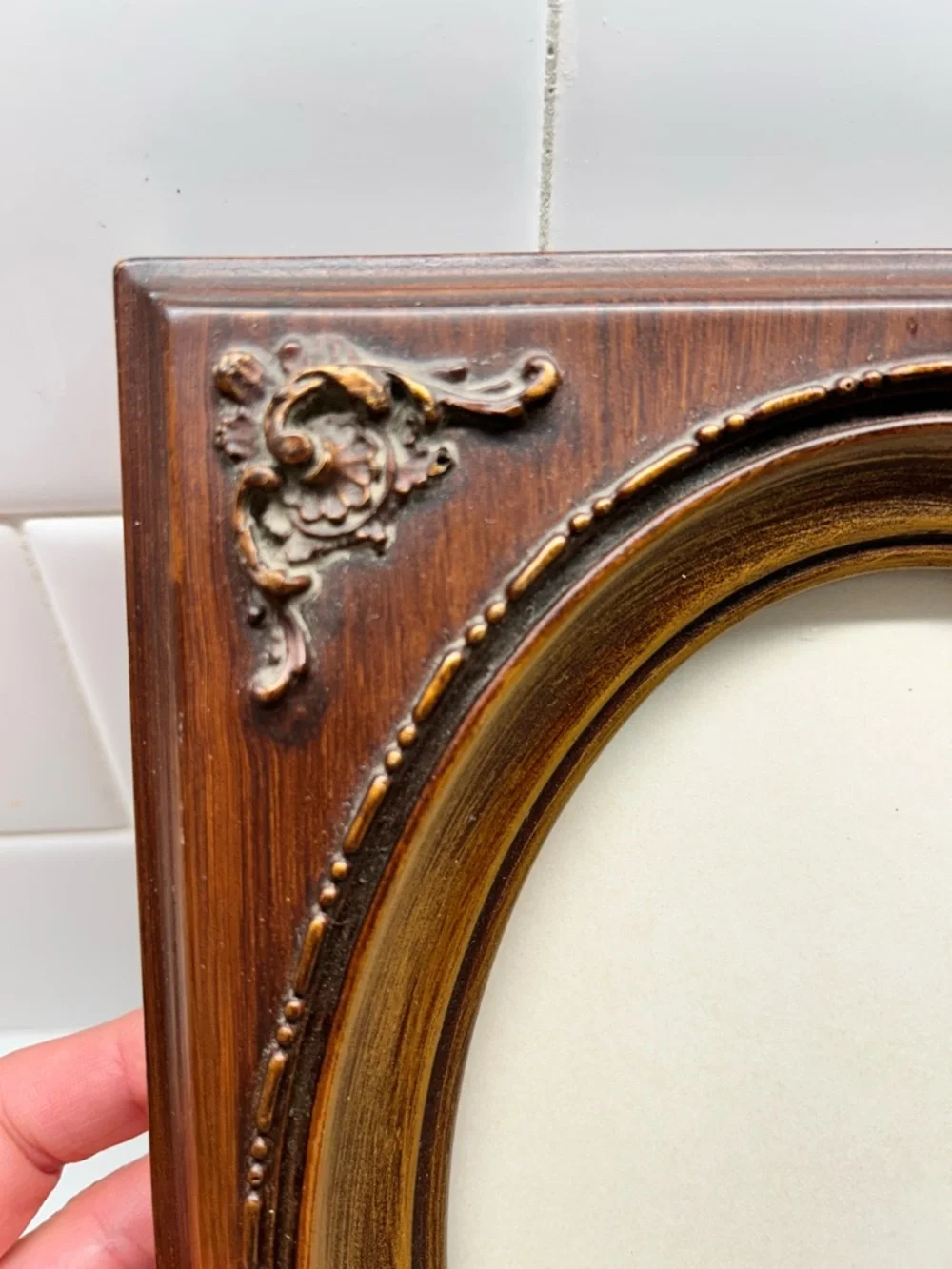 Vintage 1970 Oval Picture Frame Faux Wood & Gold Ornate 8x10 Decor
